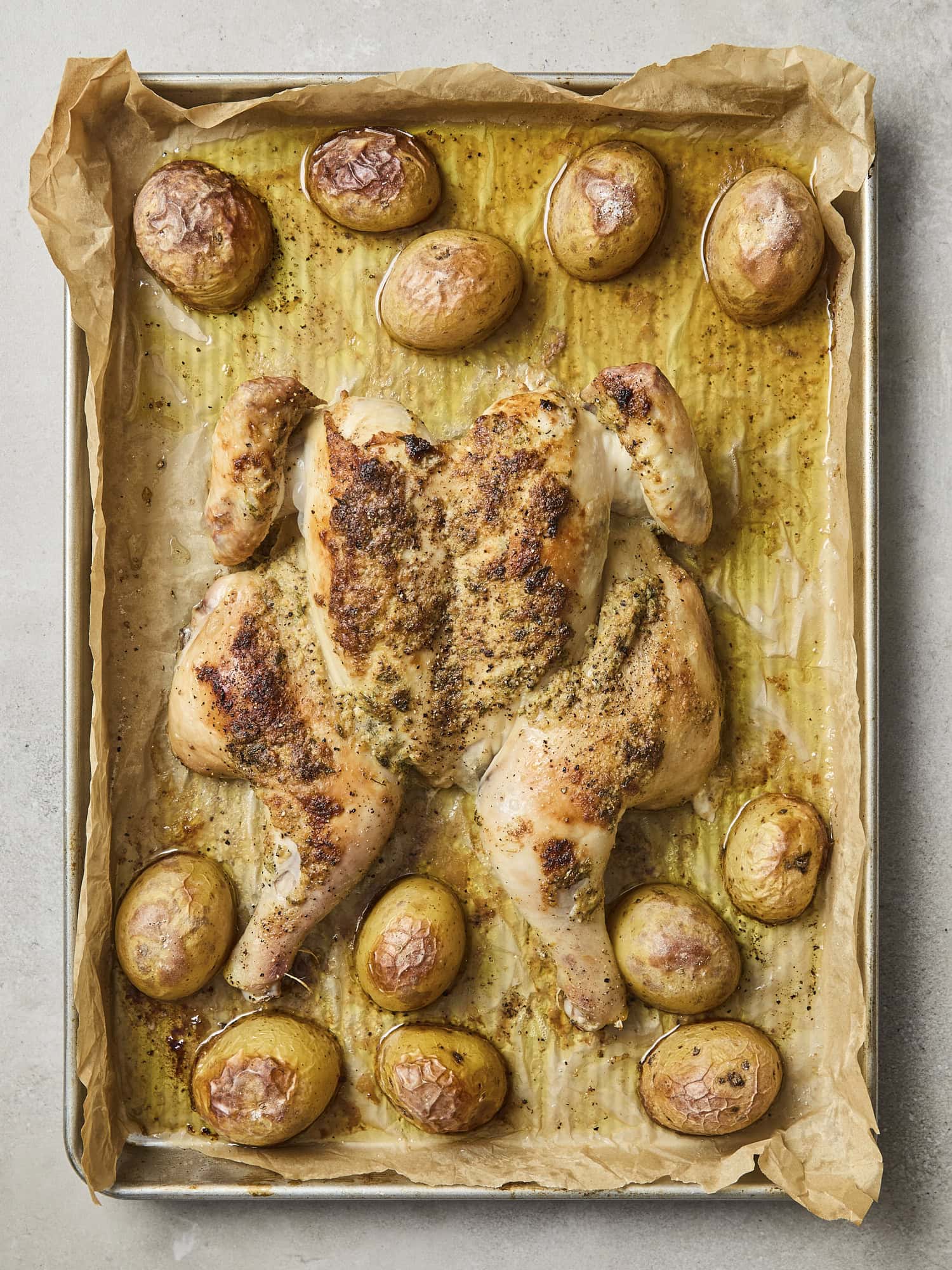 Roasted sheet pan chicken and potatoes.