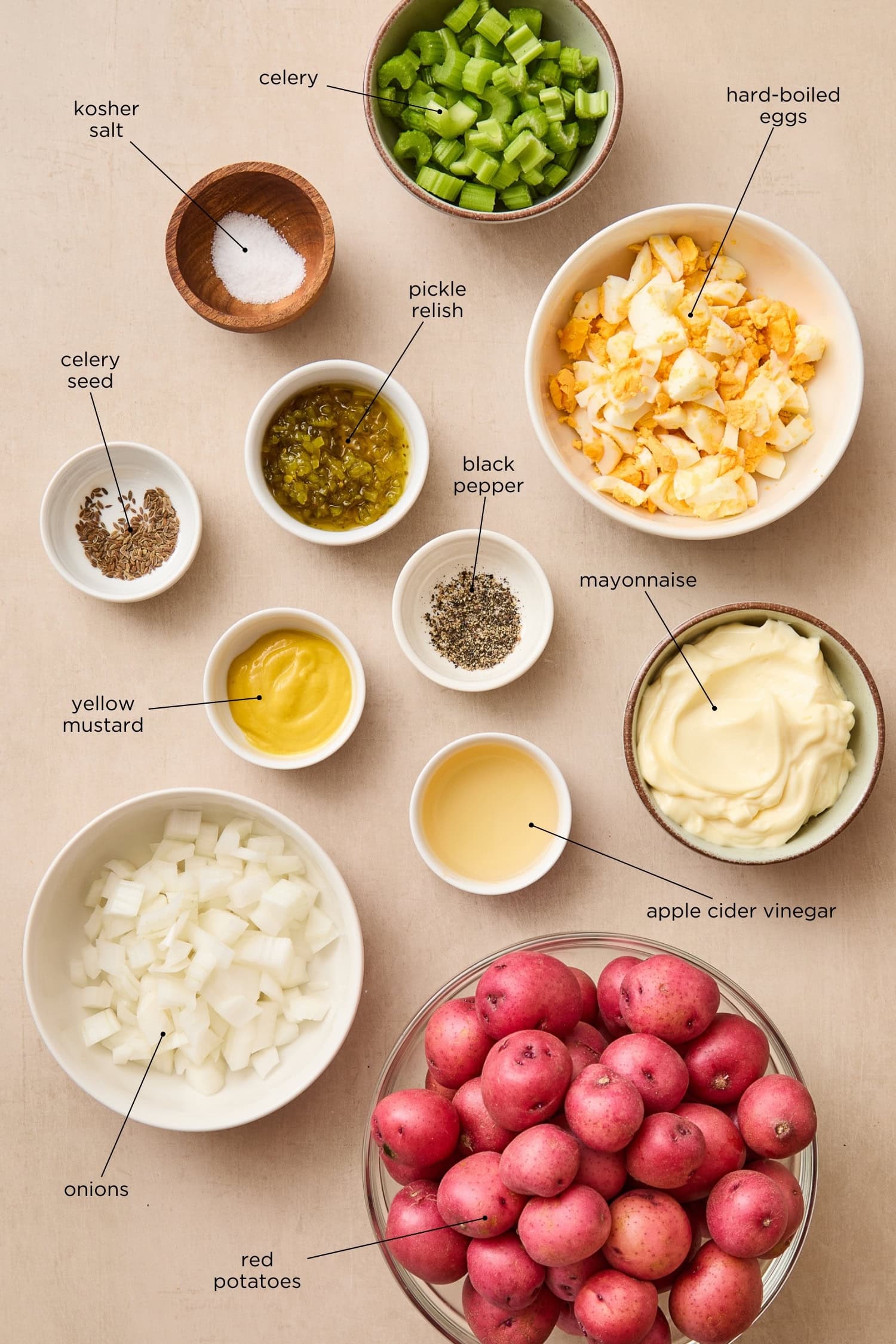 Classic potato salad ingredients.