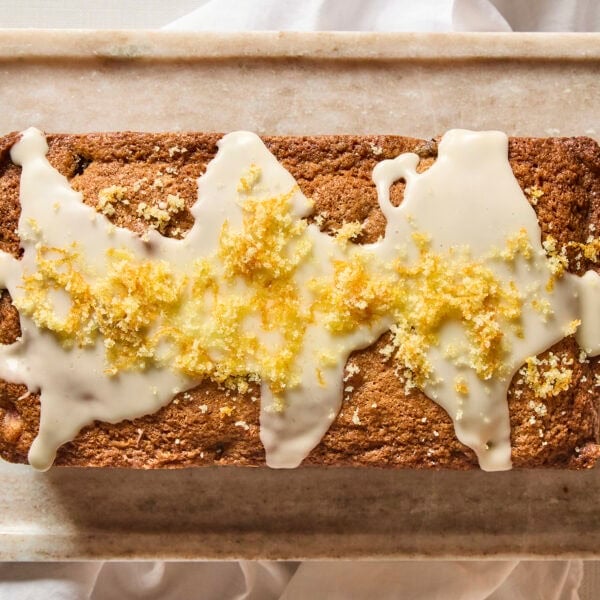 Glazed rhubarb and orange pound cake.