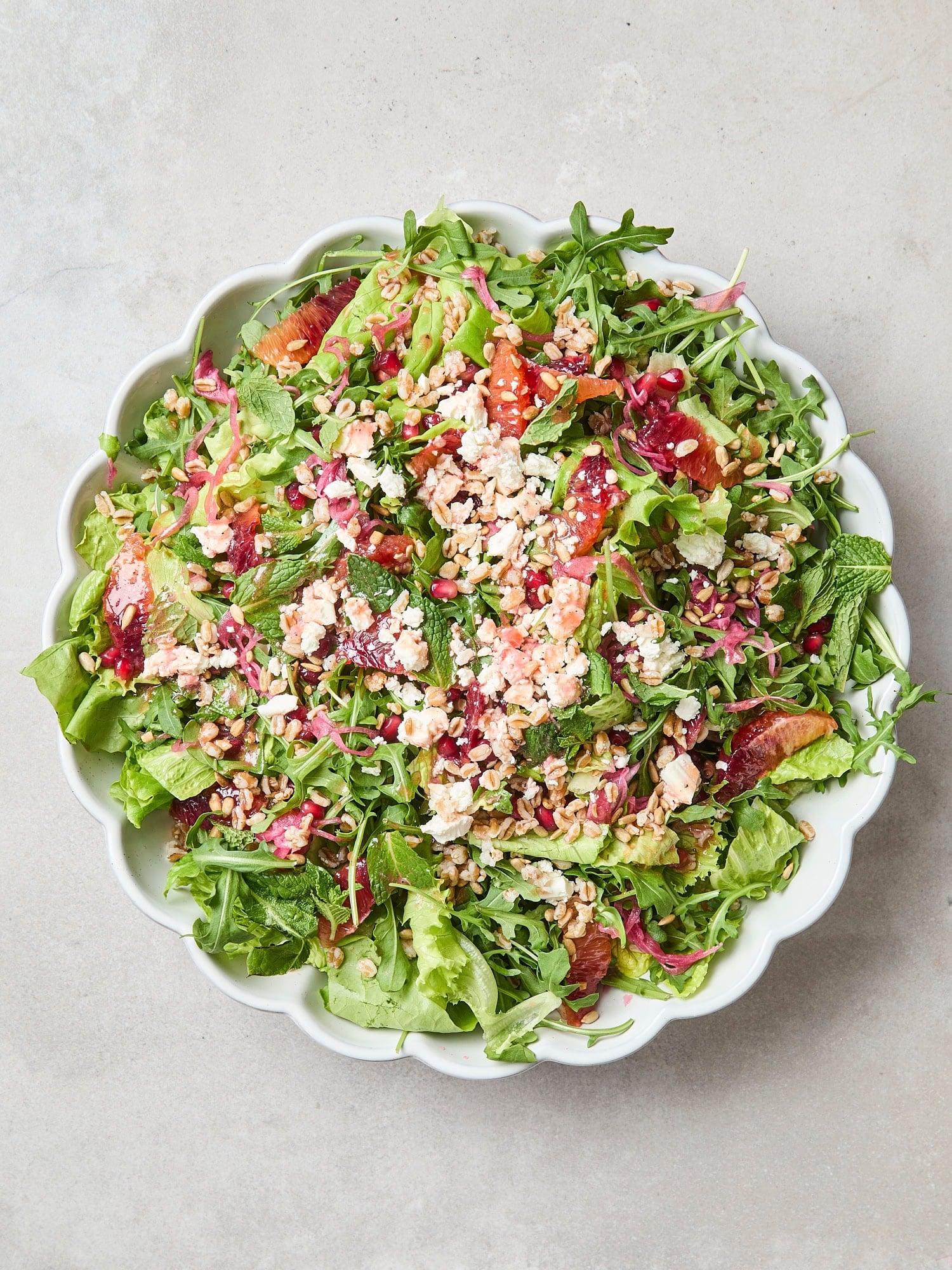 Assembled farro salad in platter.