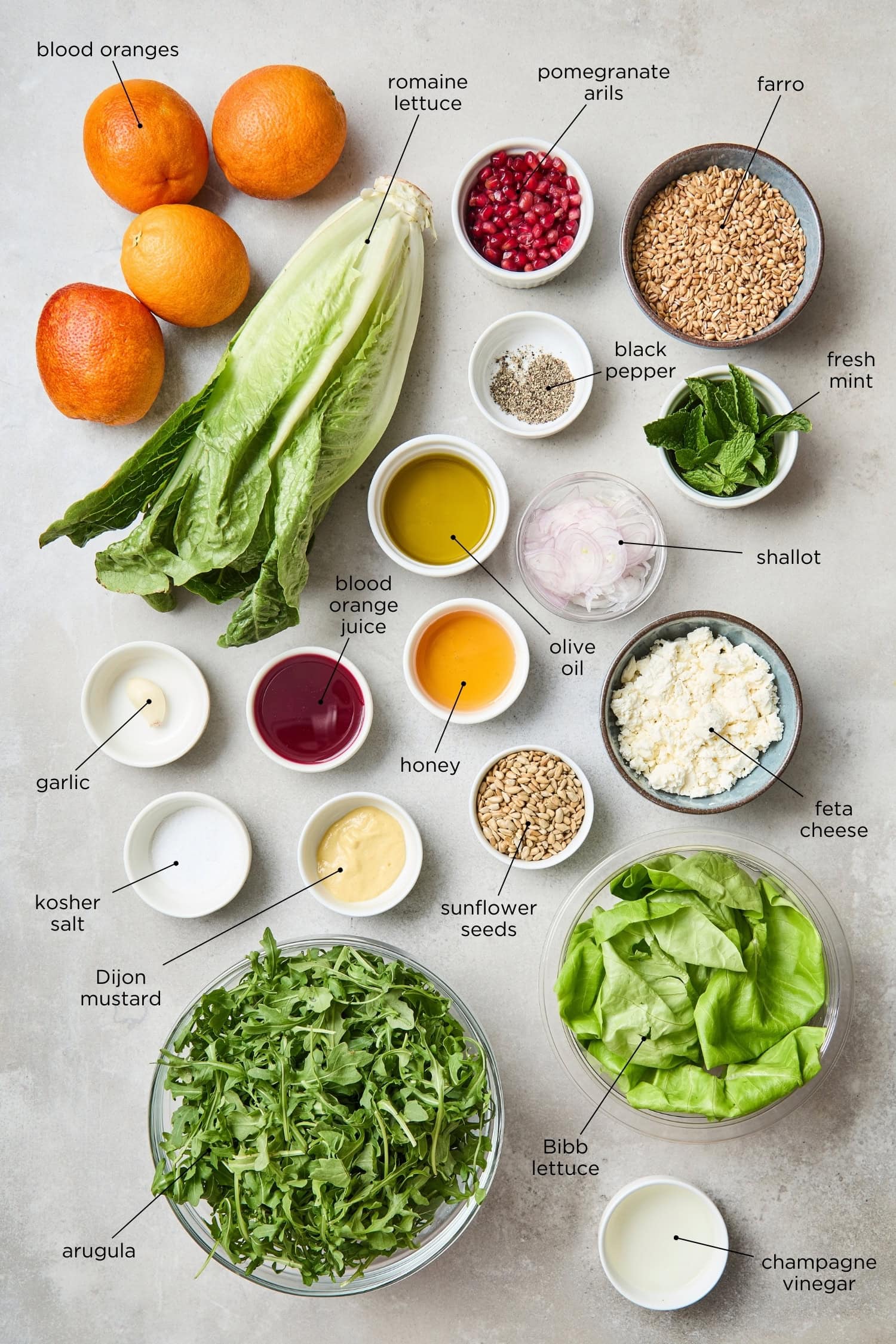 All ingredients needed for a blood orange and farro salad recipe.