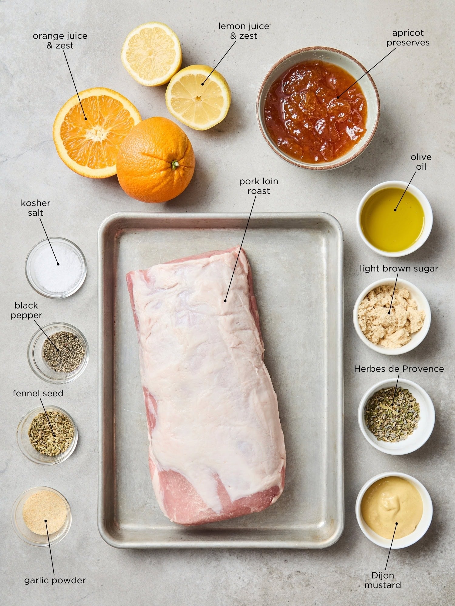 All ingredients needed for citrus glazed pork roast recipe.