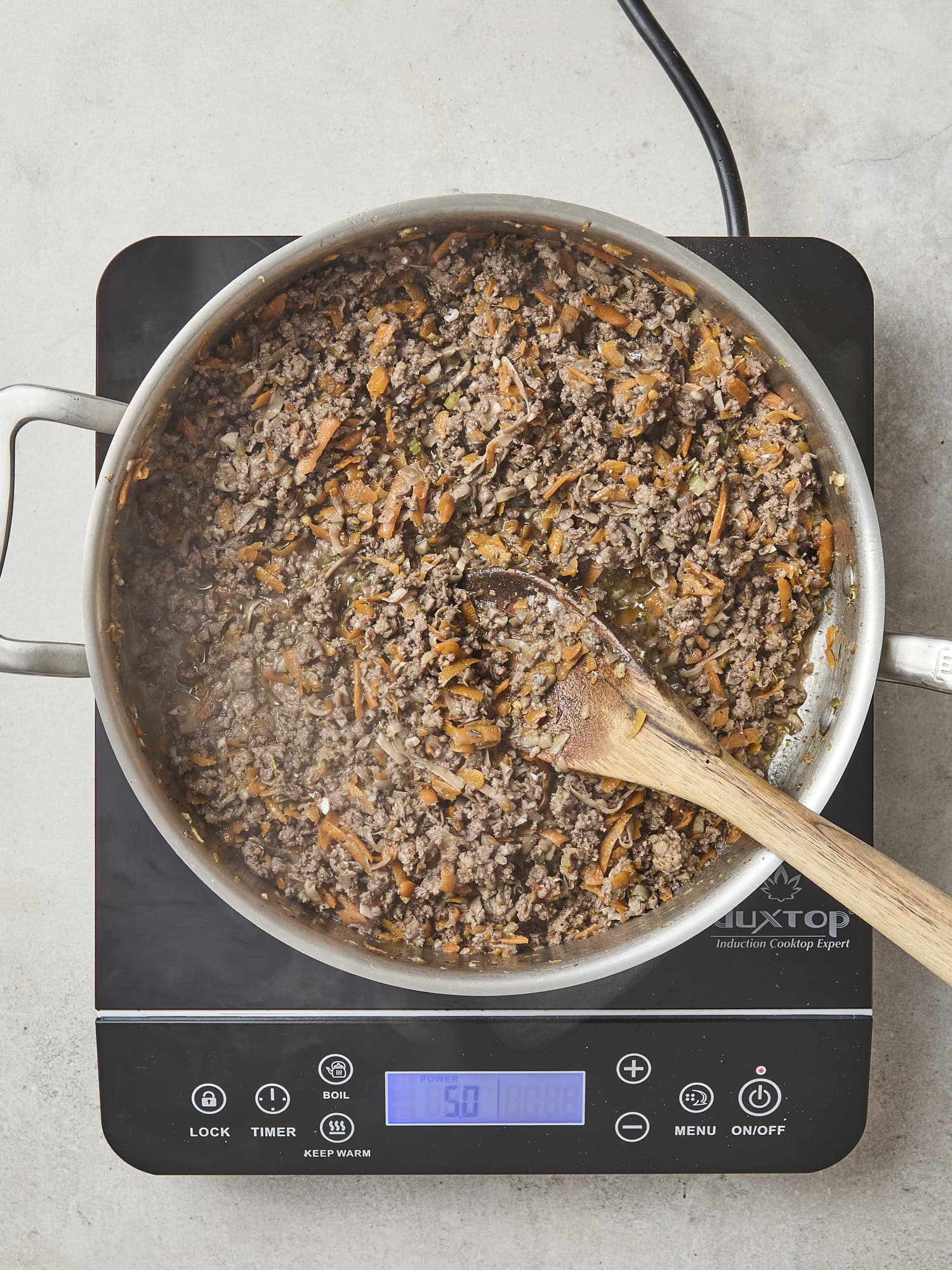 Cooked vegetable mixture for beef ragu pasta.