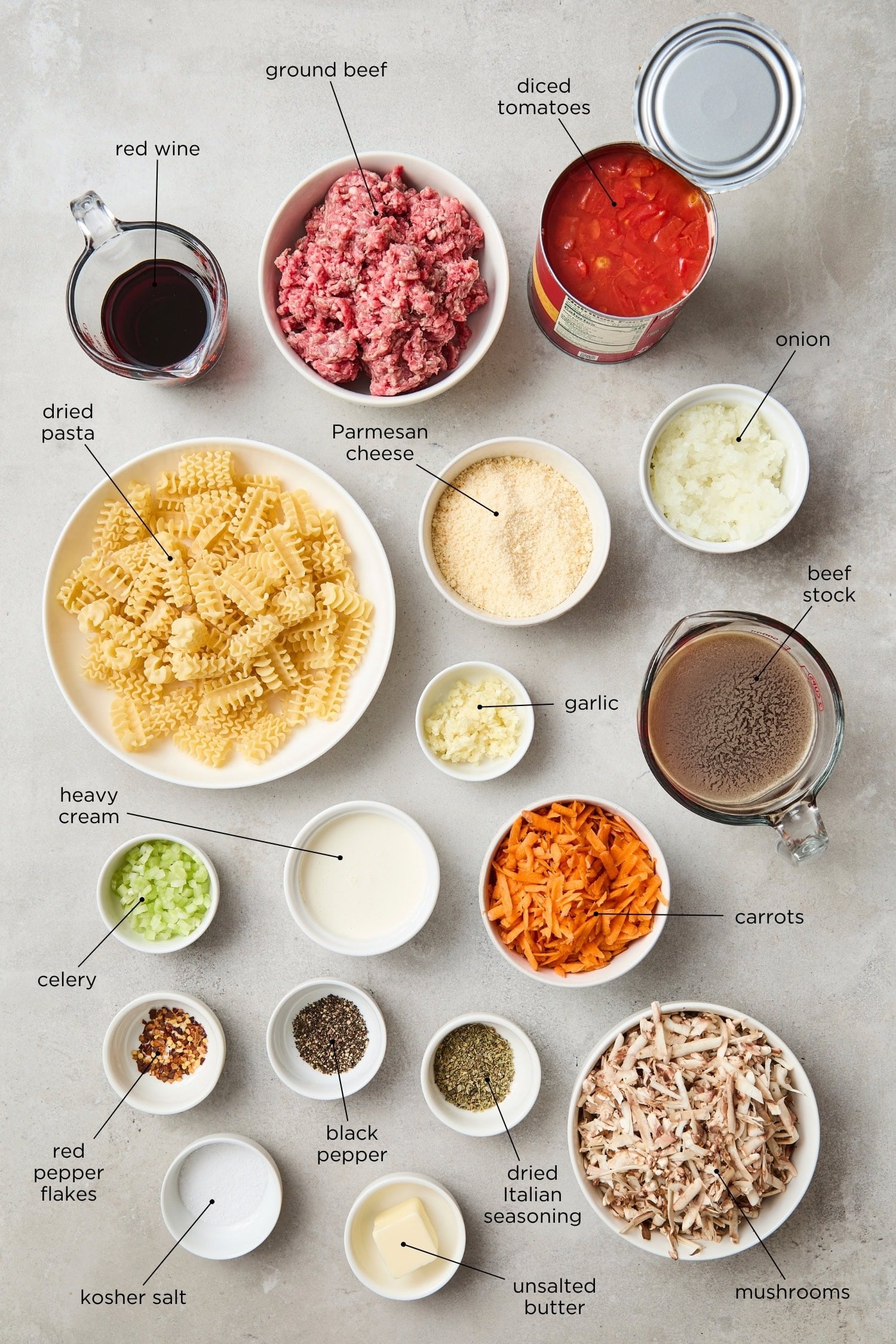 Ingredients for beef ragu pasta recipe.