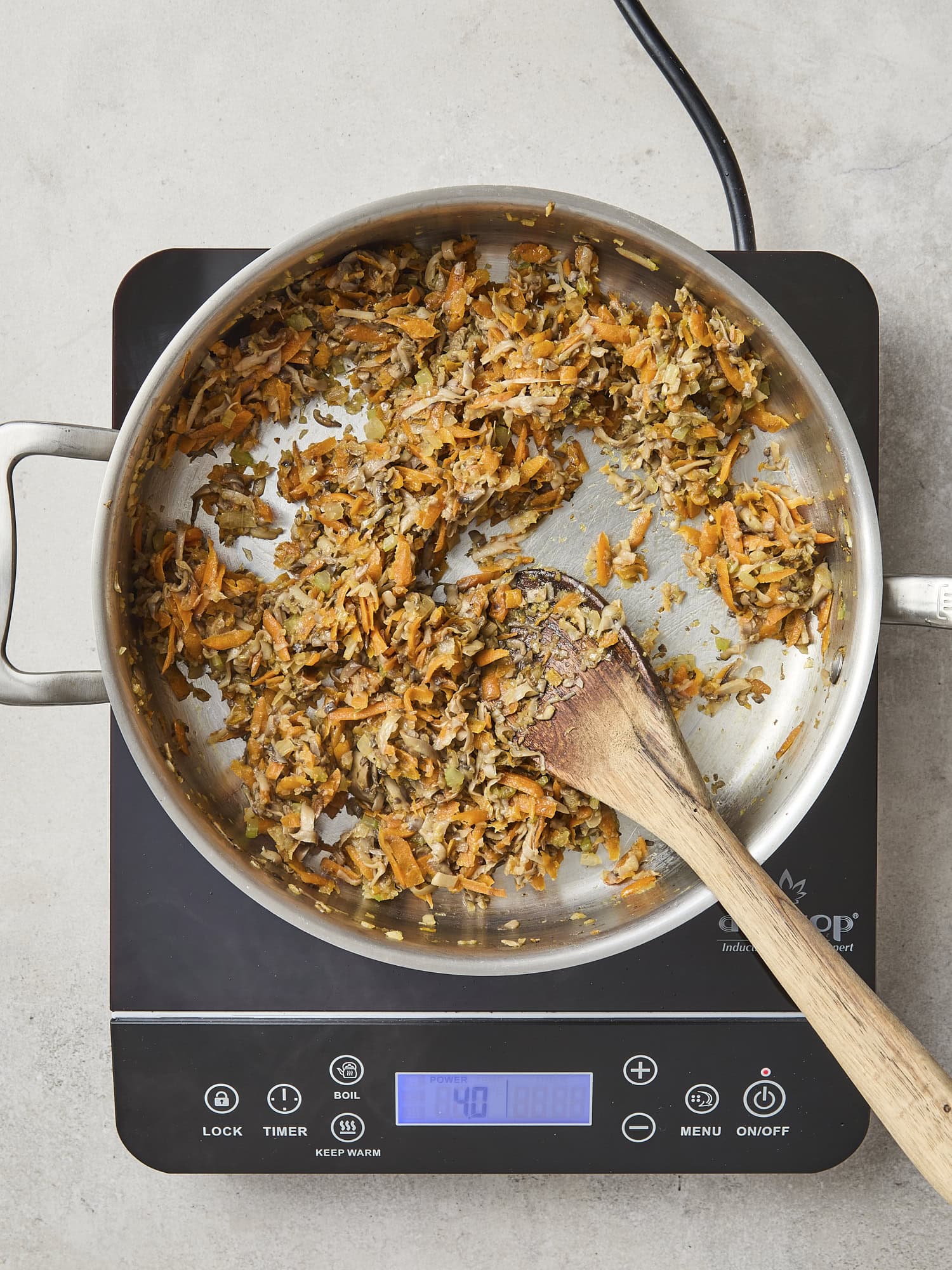Cooked vegetable mixture for beef ragu pasta.