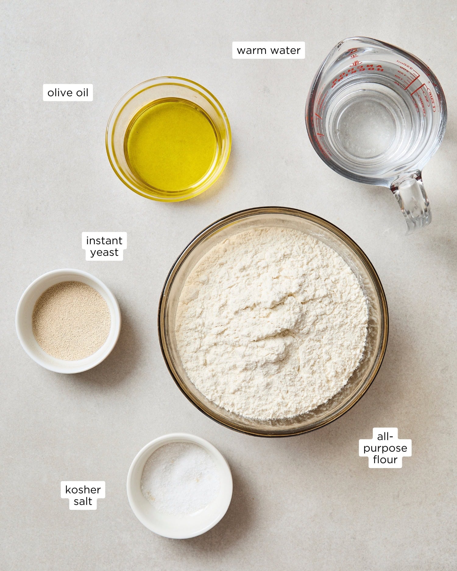 Ingredients for an easy pizza dough recipe.