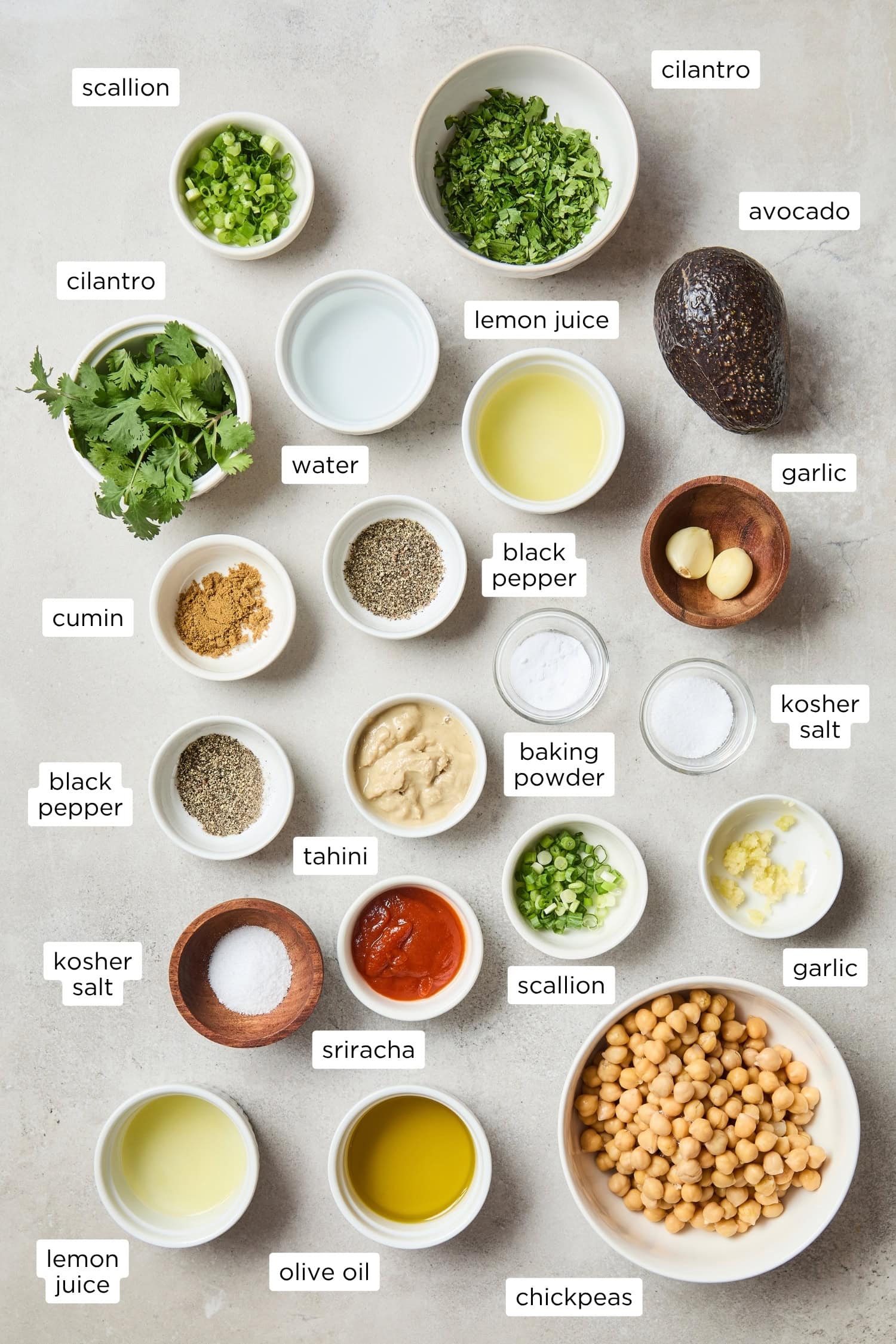 Ingredients for avocado hummus recipe.