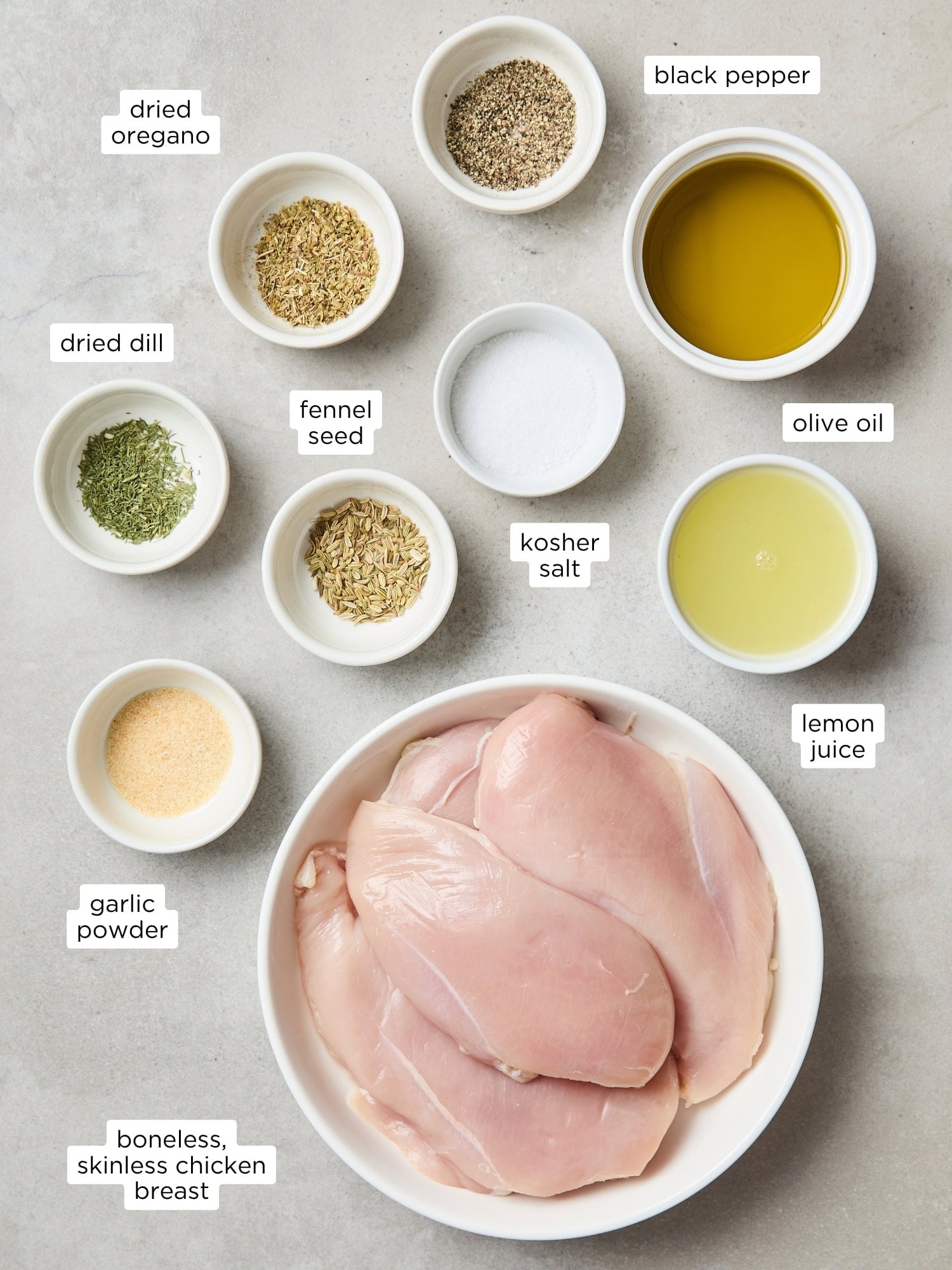 Baked chicken breast ingredients.