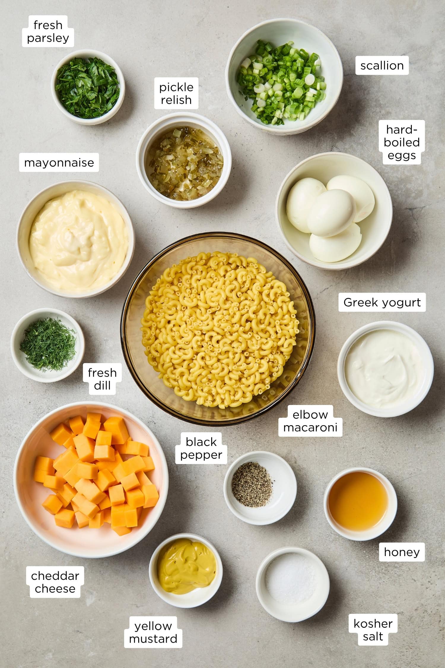 Ingredients needed for macaroni salad recipe.