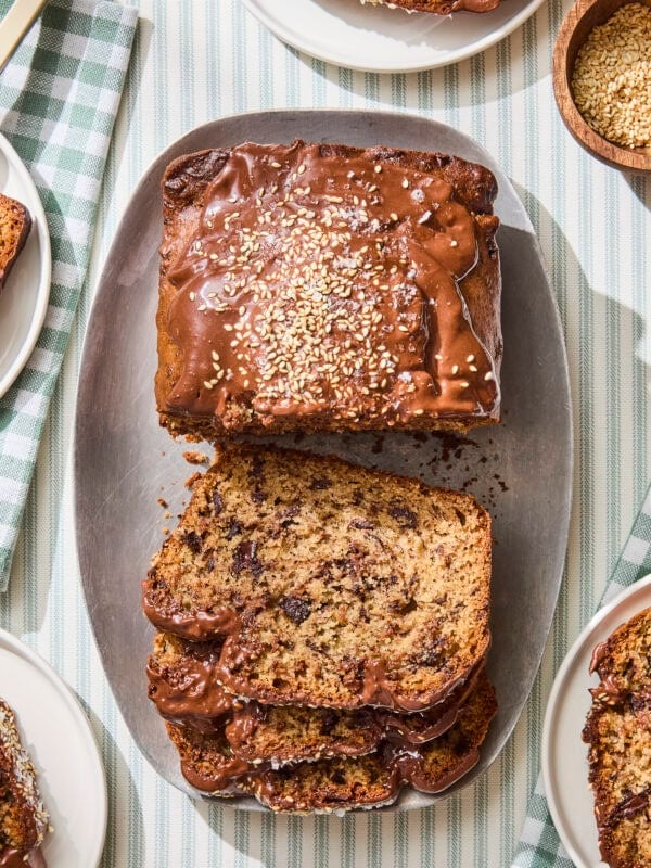Tahini banana bread with chocolate chunks inside.