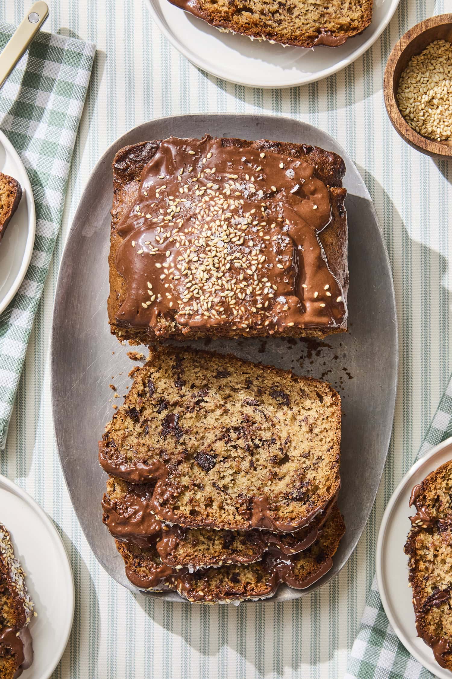 Tahini banana bread with chocolate chunks inside.