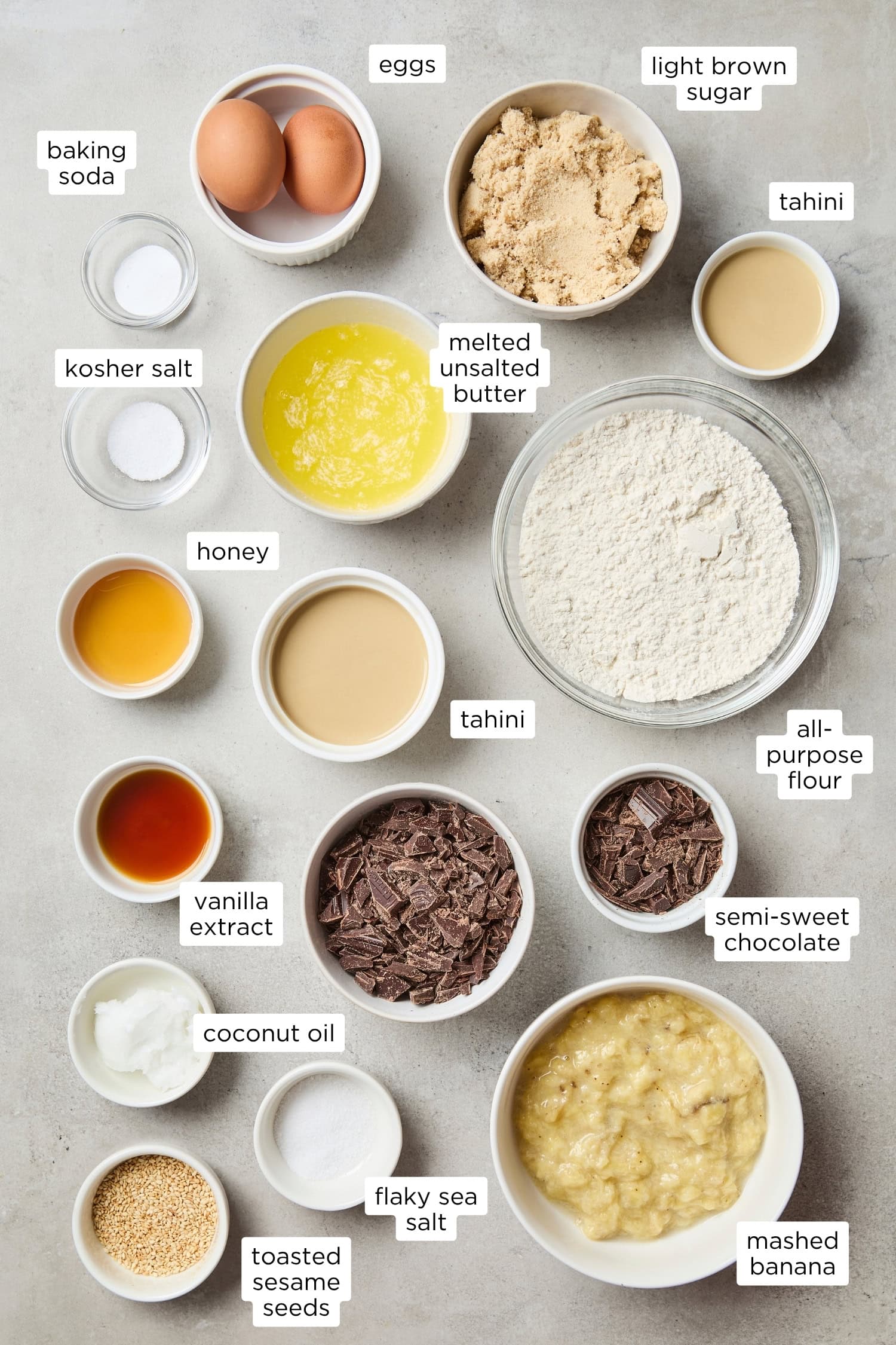 Ingredients for tahini banana bread.