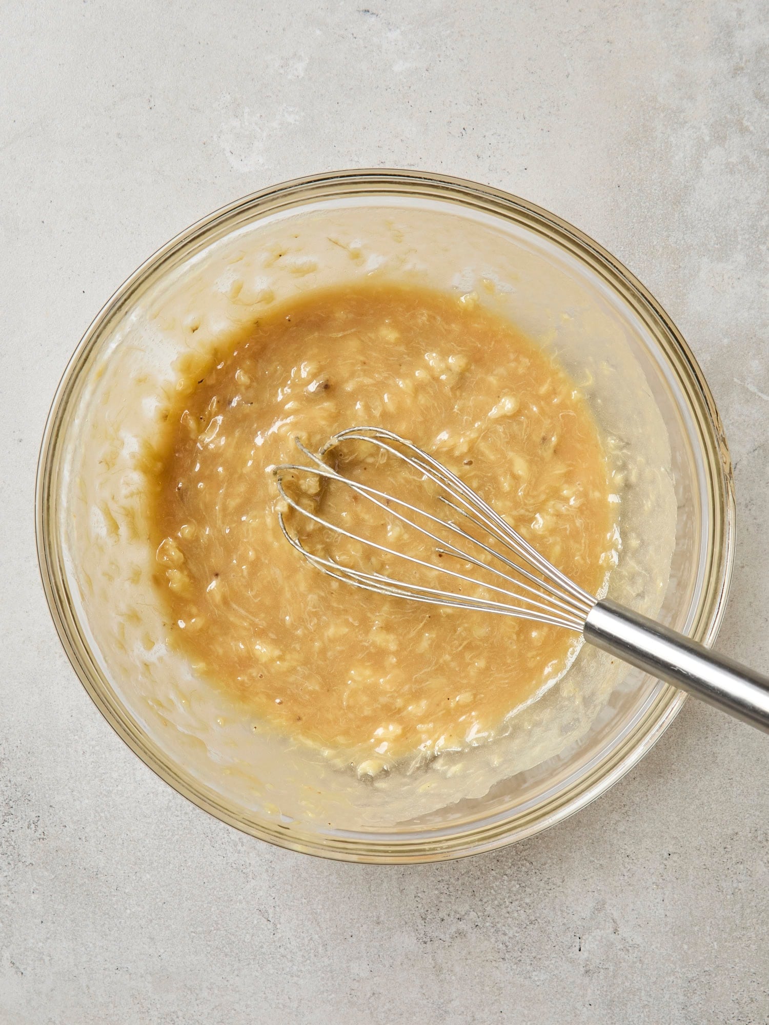 Wet ingredients needed for tahini banana bread.