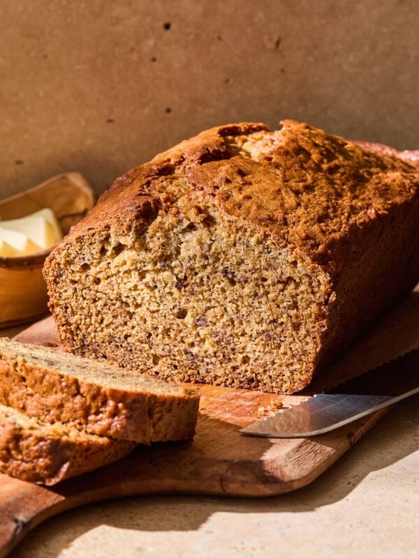 The interior of a sliced loaf of banana bread.