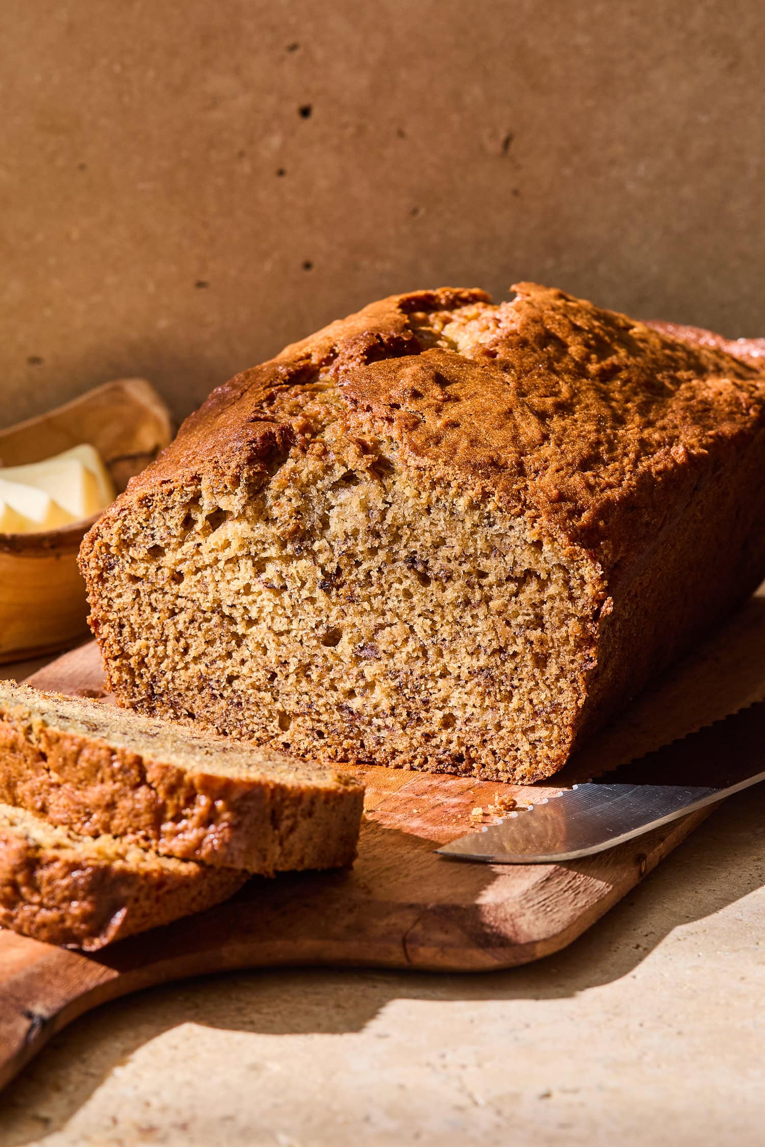 The interior of a sliced loaf of banana bread.