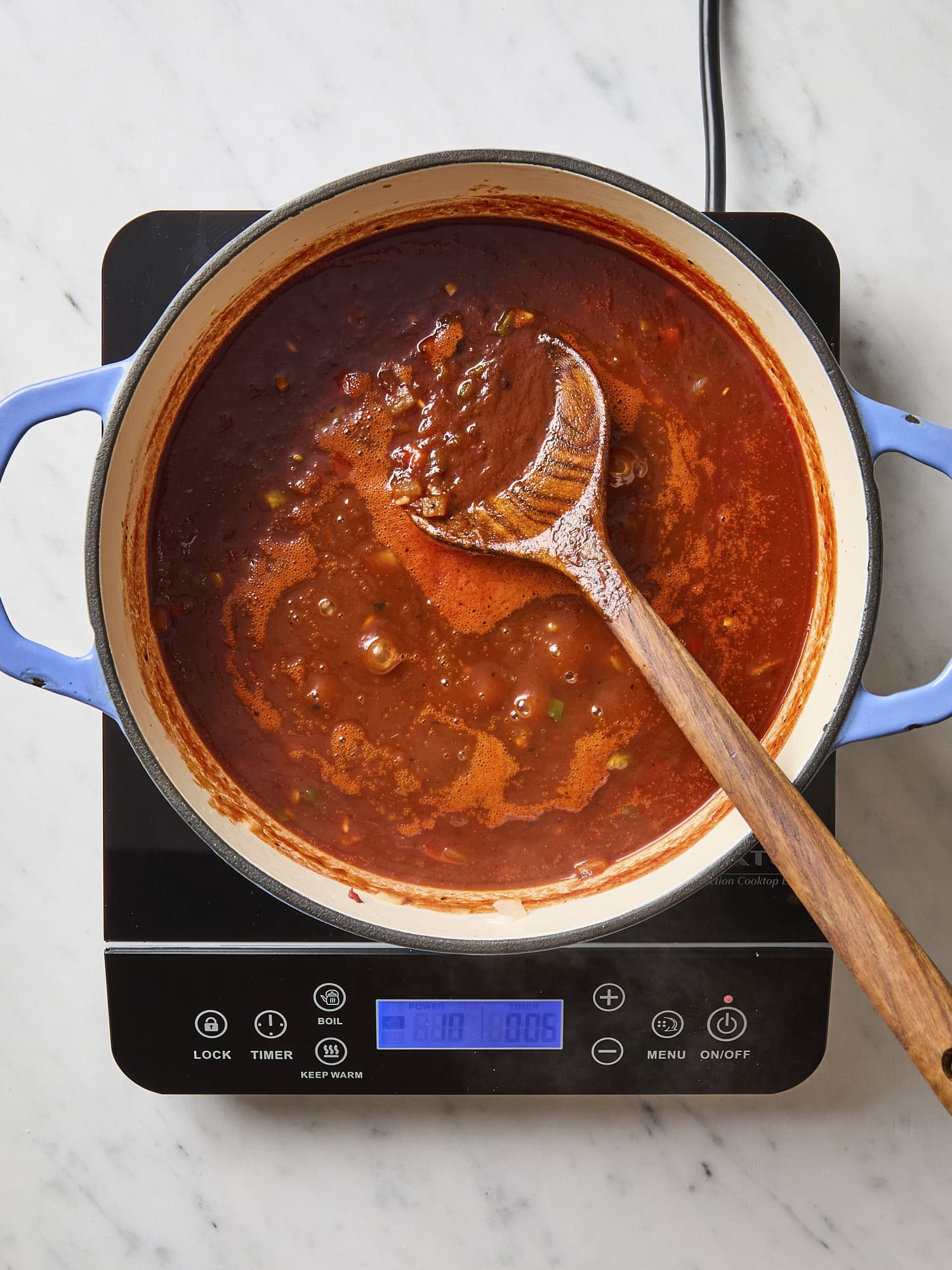 Simmering pot of vegetarian chili.