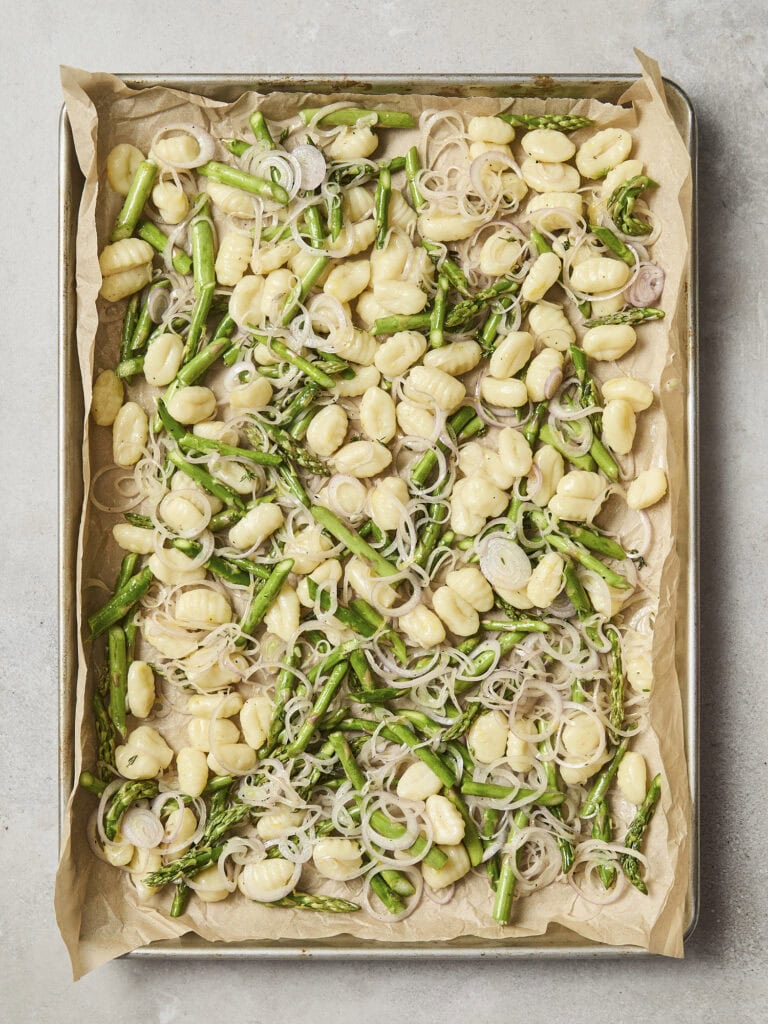 Sheet pan gnocchi before roasting.
