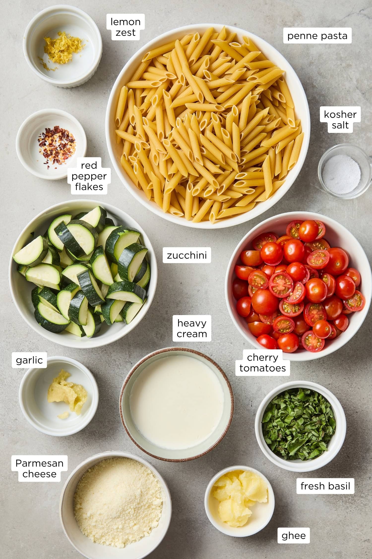 Ingredients for creamy pasta with zucchini.