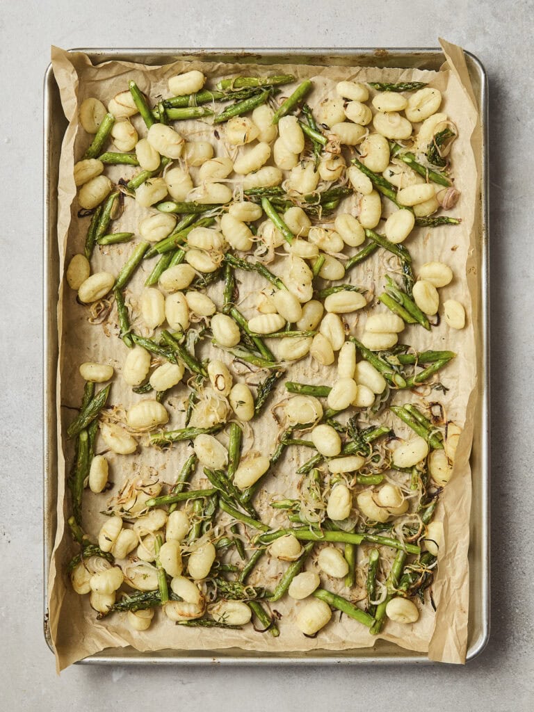 Sheet pan gnocchi after roasting.