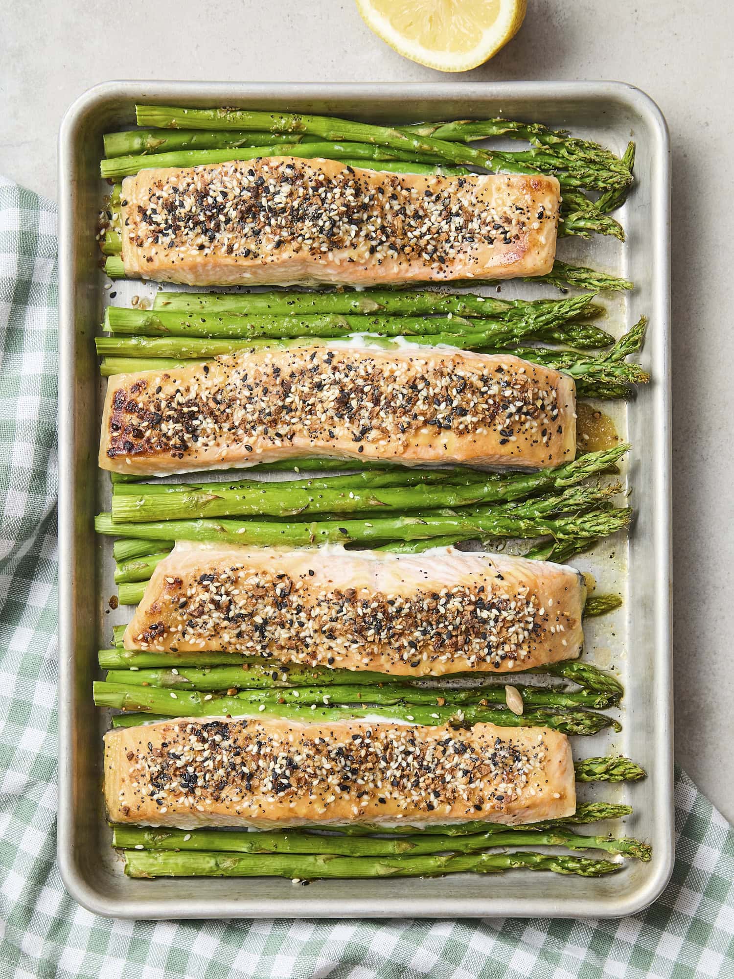 Sheet pan salmon and asparagus after roasting.