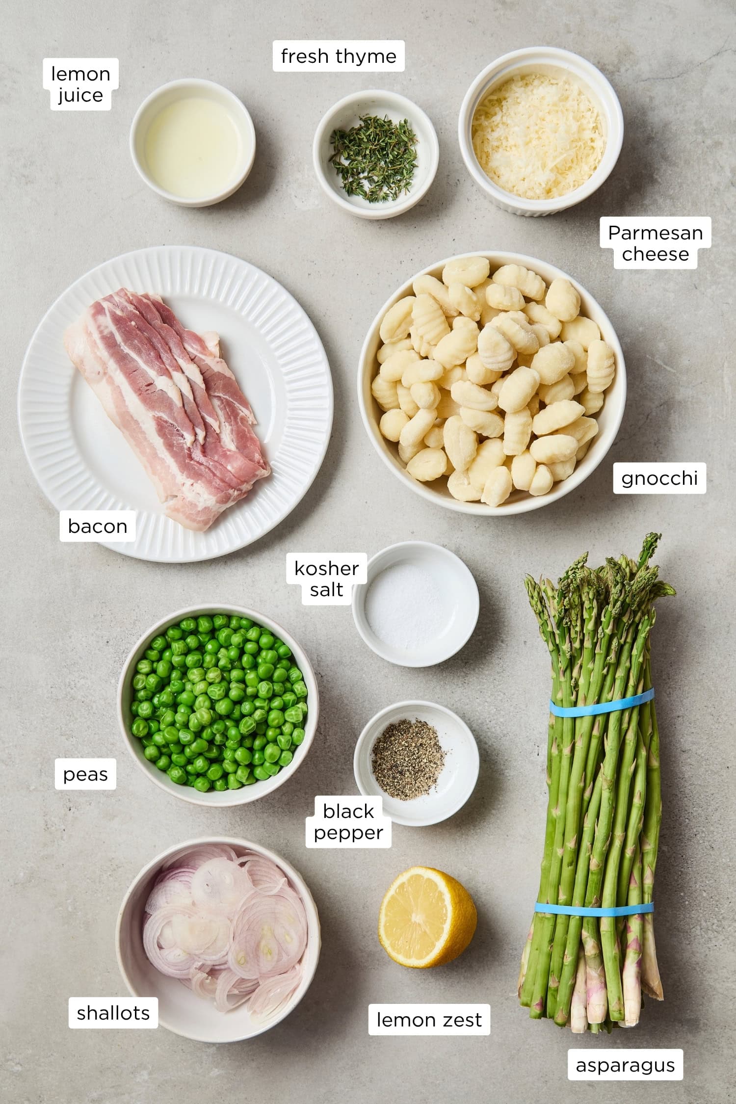 Ingredients for sheet pan gnocchi with asparagus.
