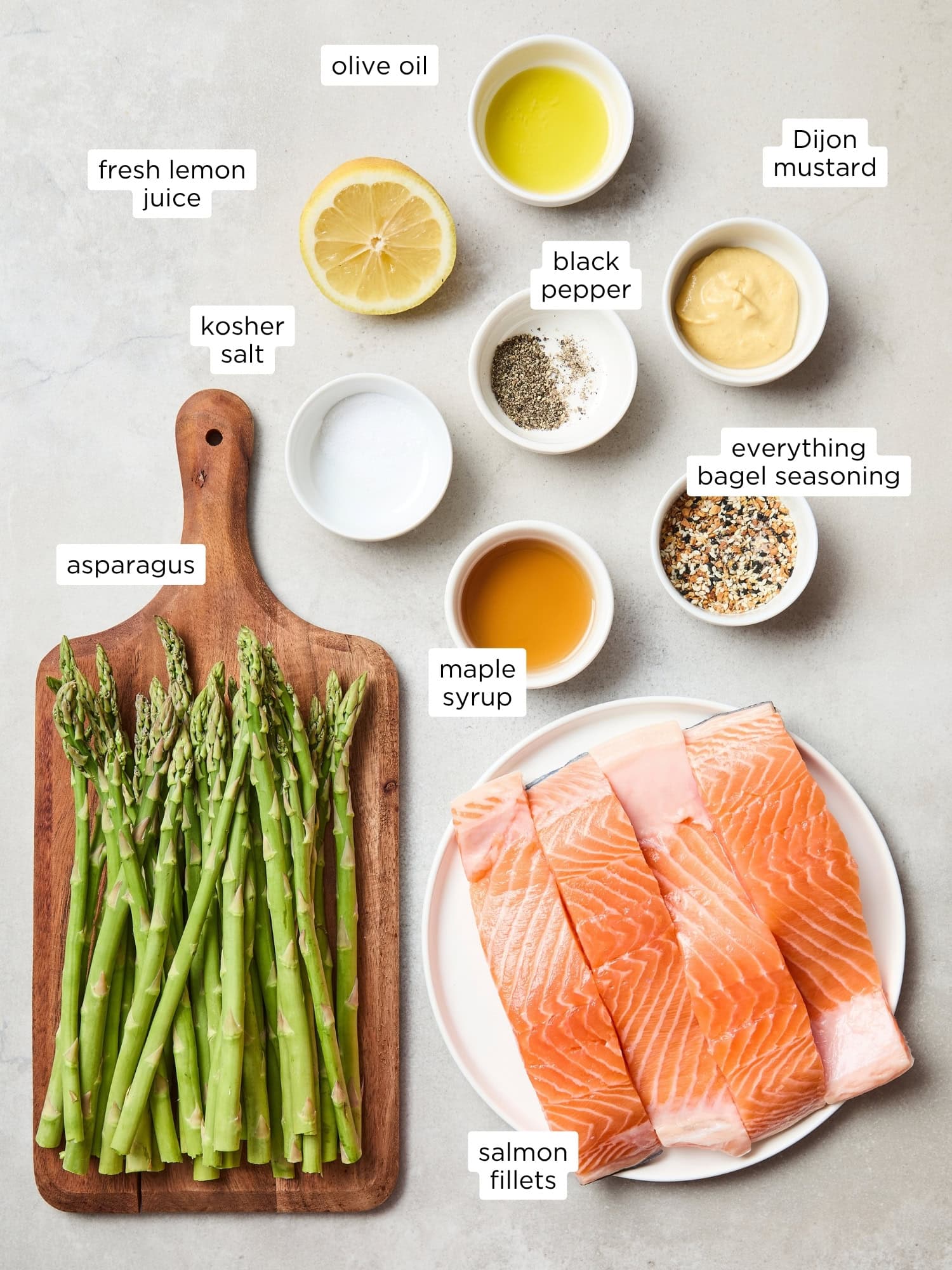 Ingredients for a sheet pan salmon and asparagus recipe.