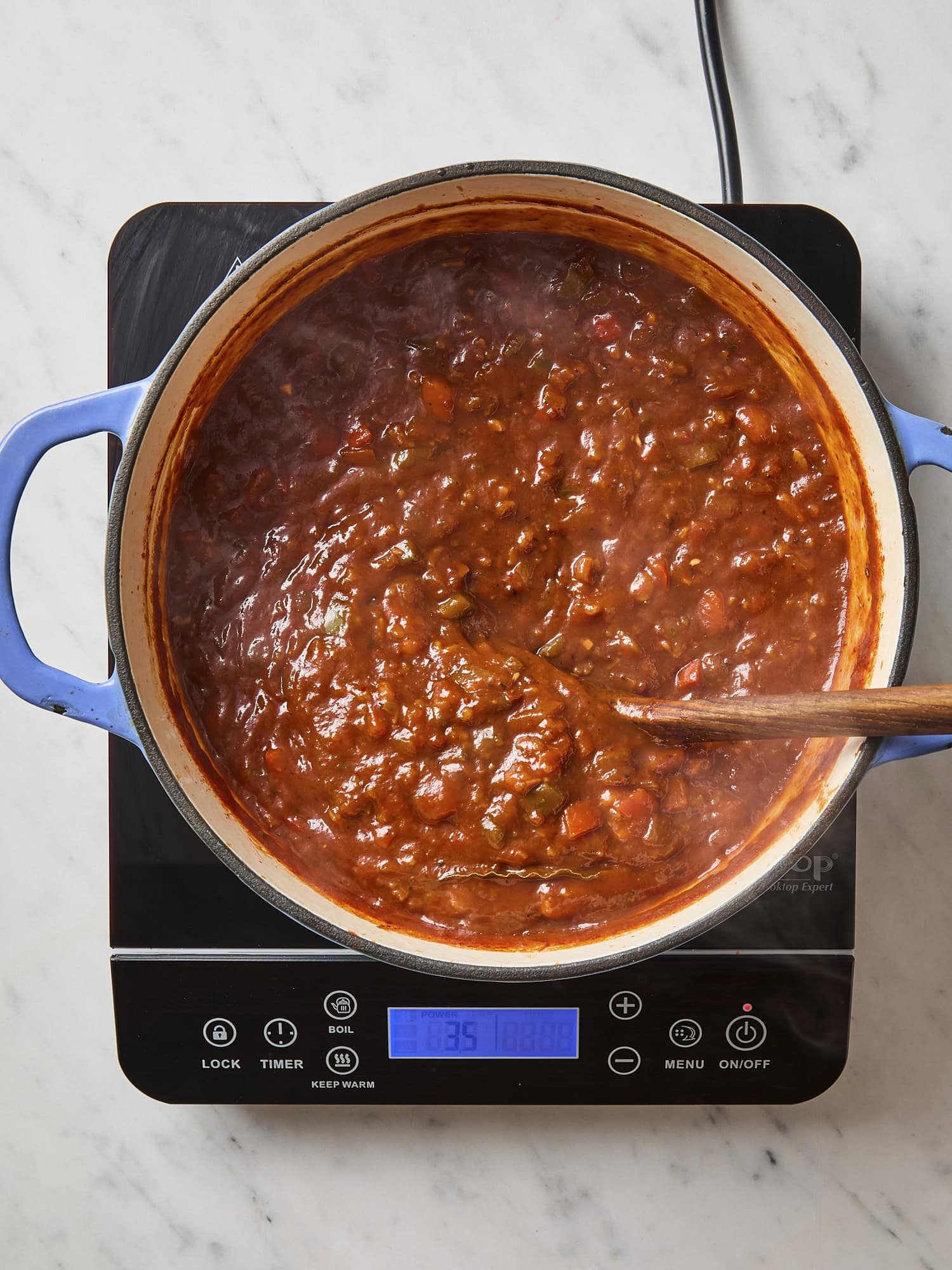 Simmered pot of chili.