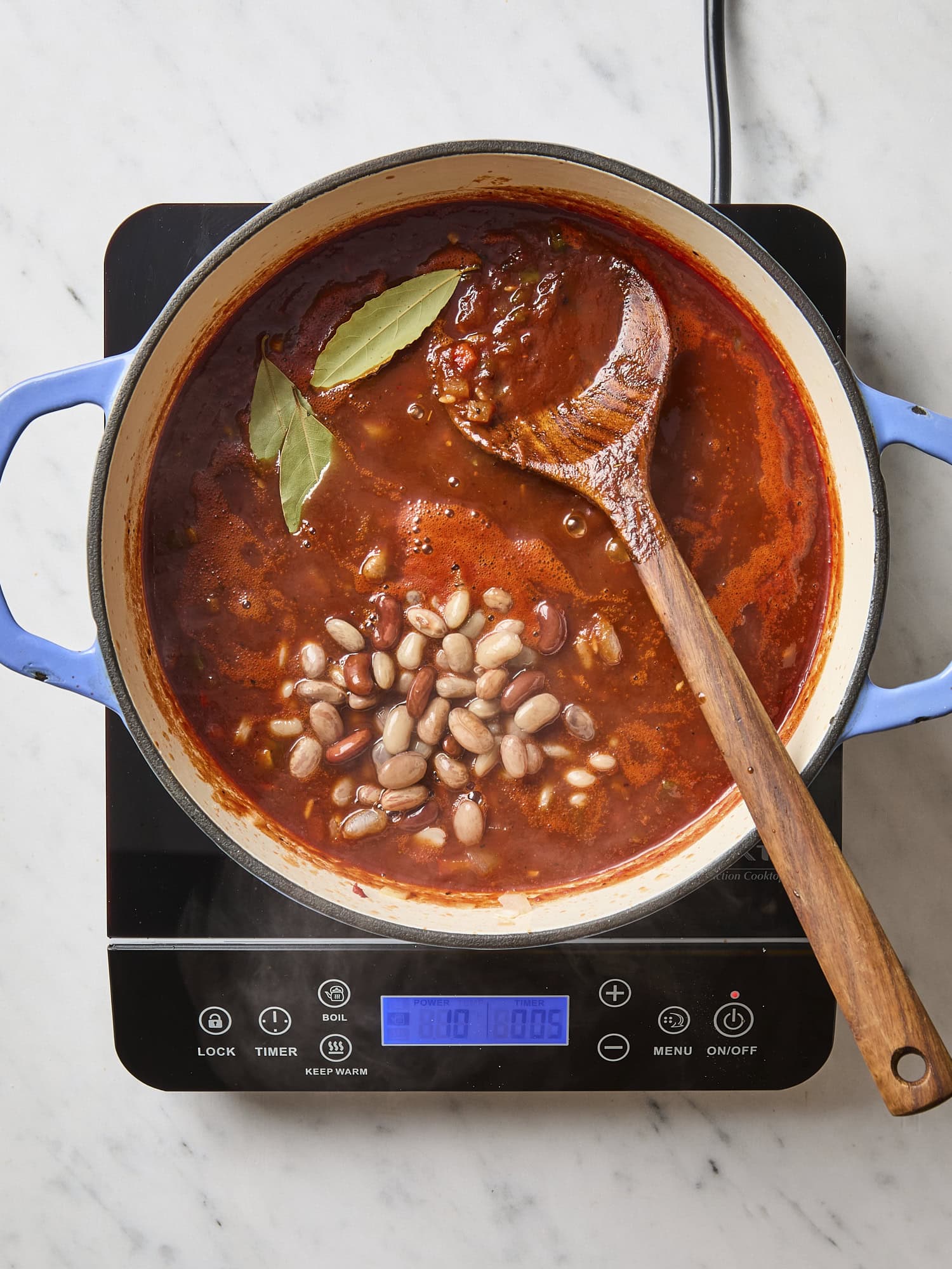 Beans and bay leaves for vegetarian chili.