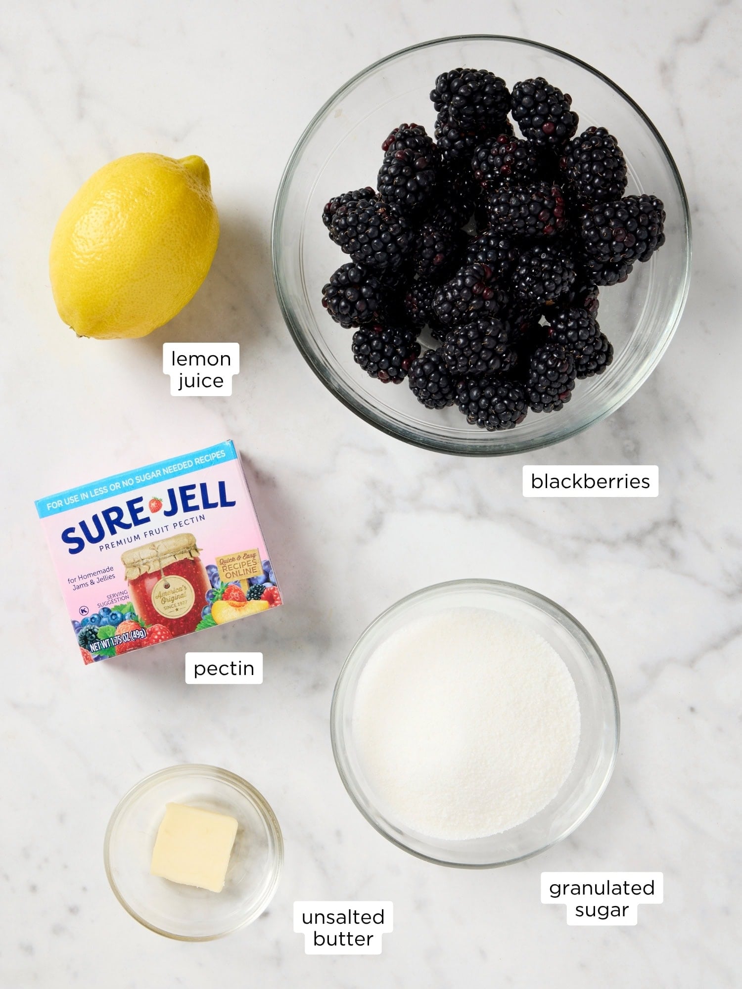 Ingredients needed for blackberry jam recipe.