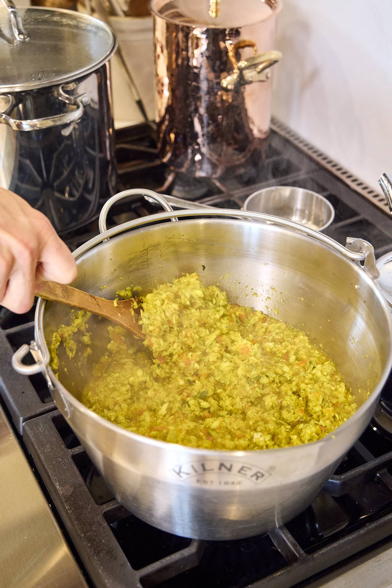 Cooked mixture of zucchini with relish.