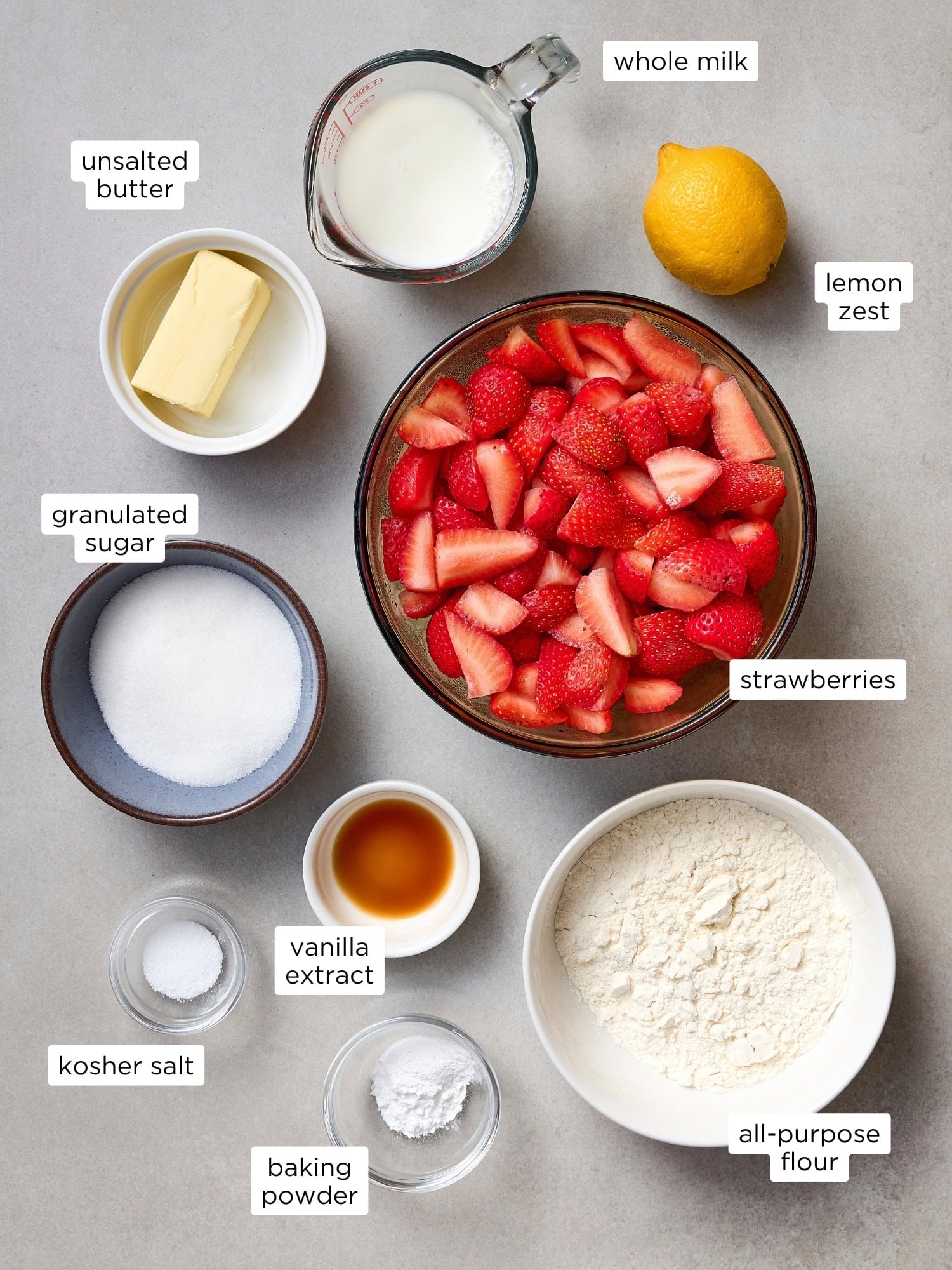 Ingredients for strawberry cobbler recipe.