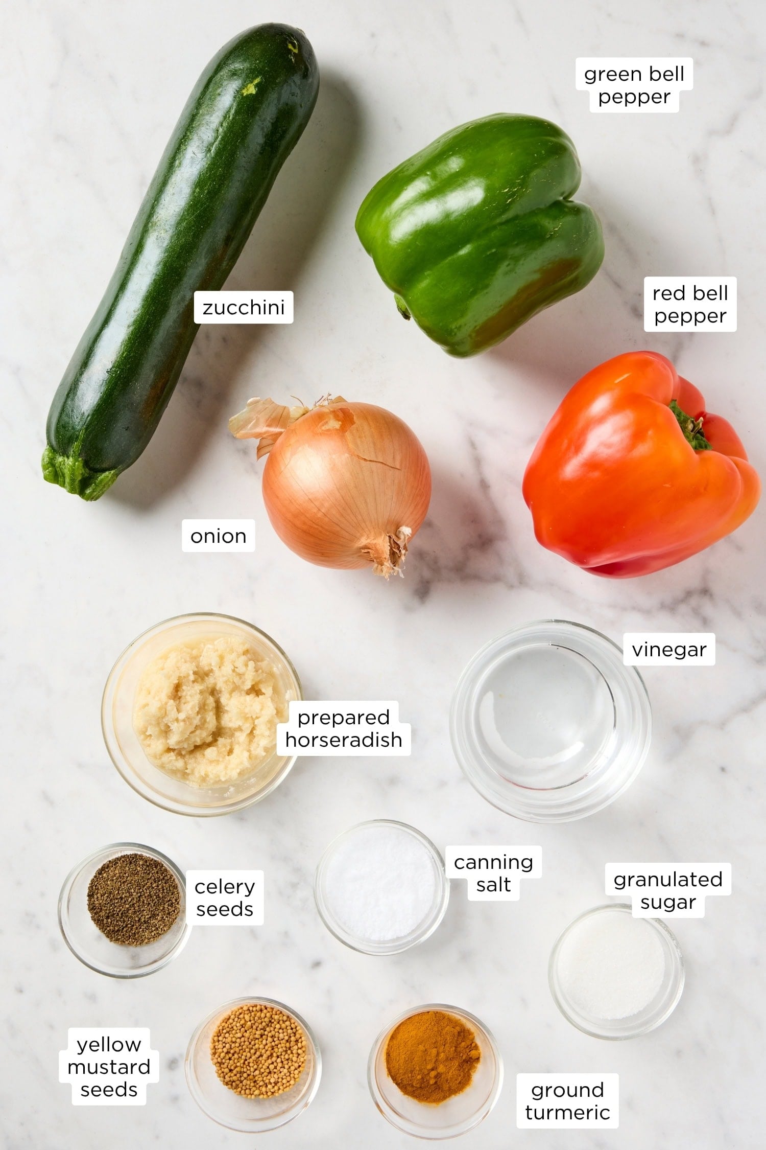 Ingredients needed for zucchini relish recipe.