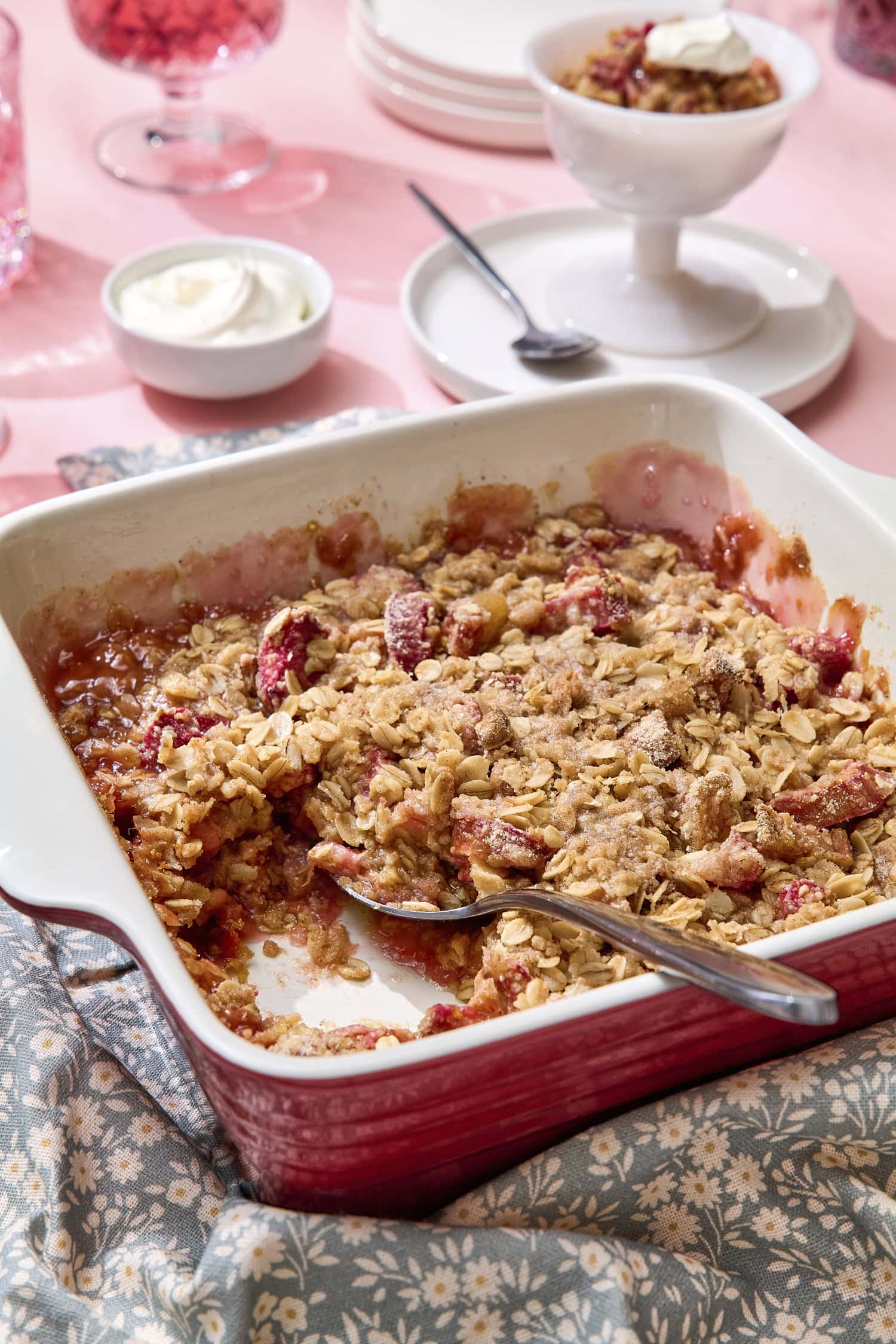Baked rhubarb crisp in a dish.