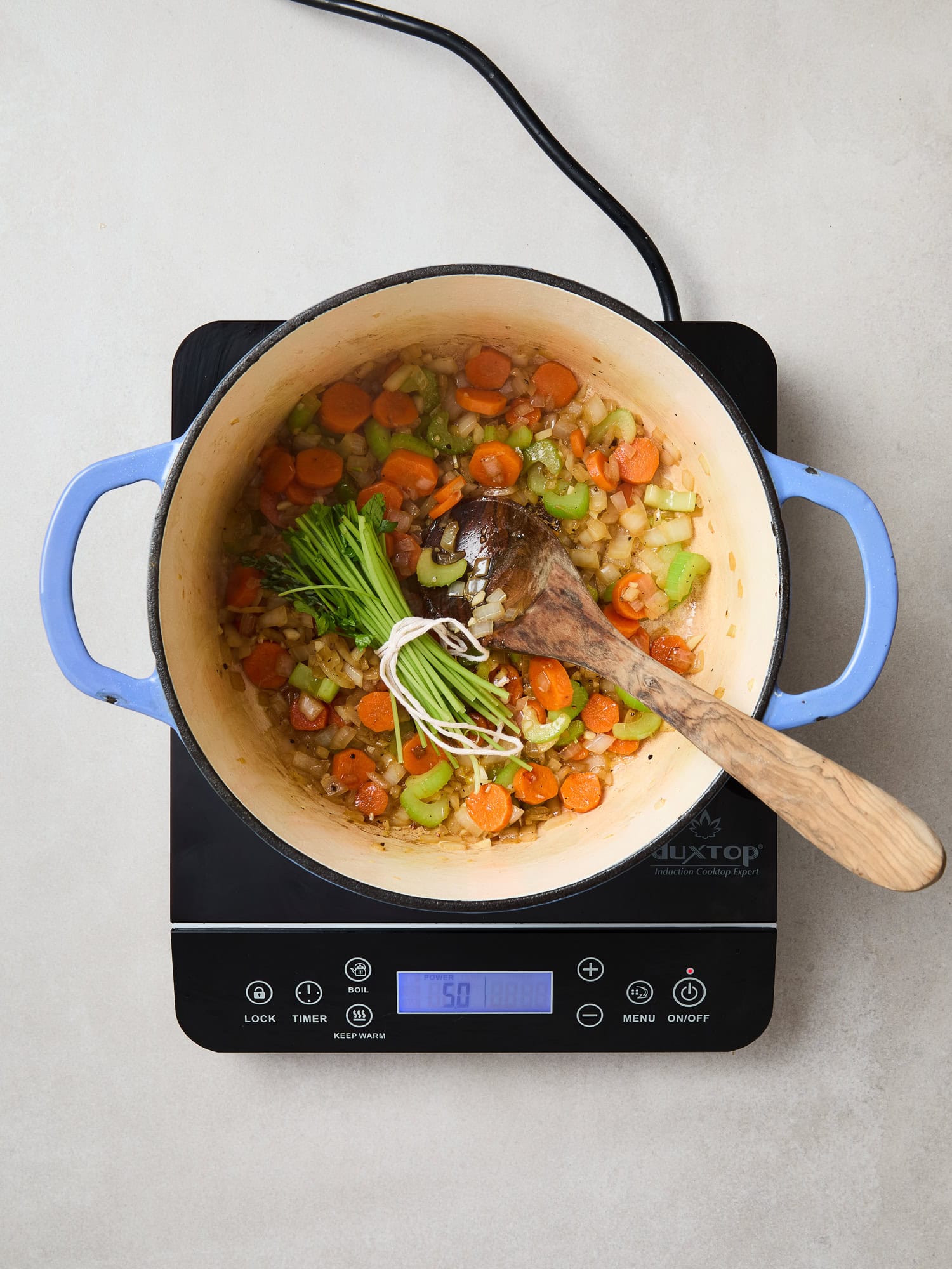 Stems of parsley added to cooked vegetables.