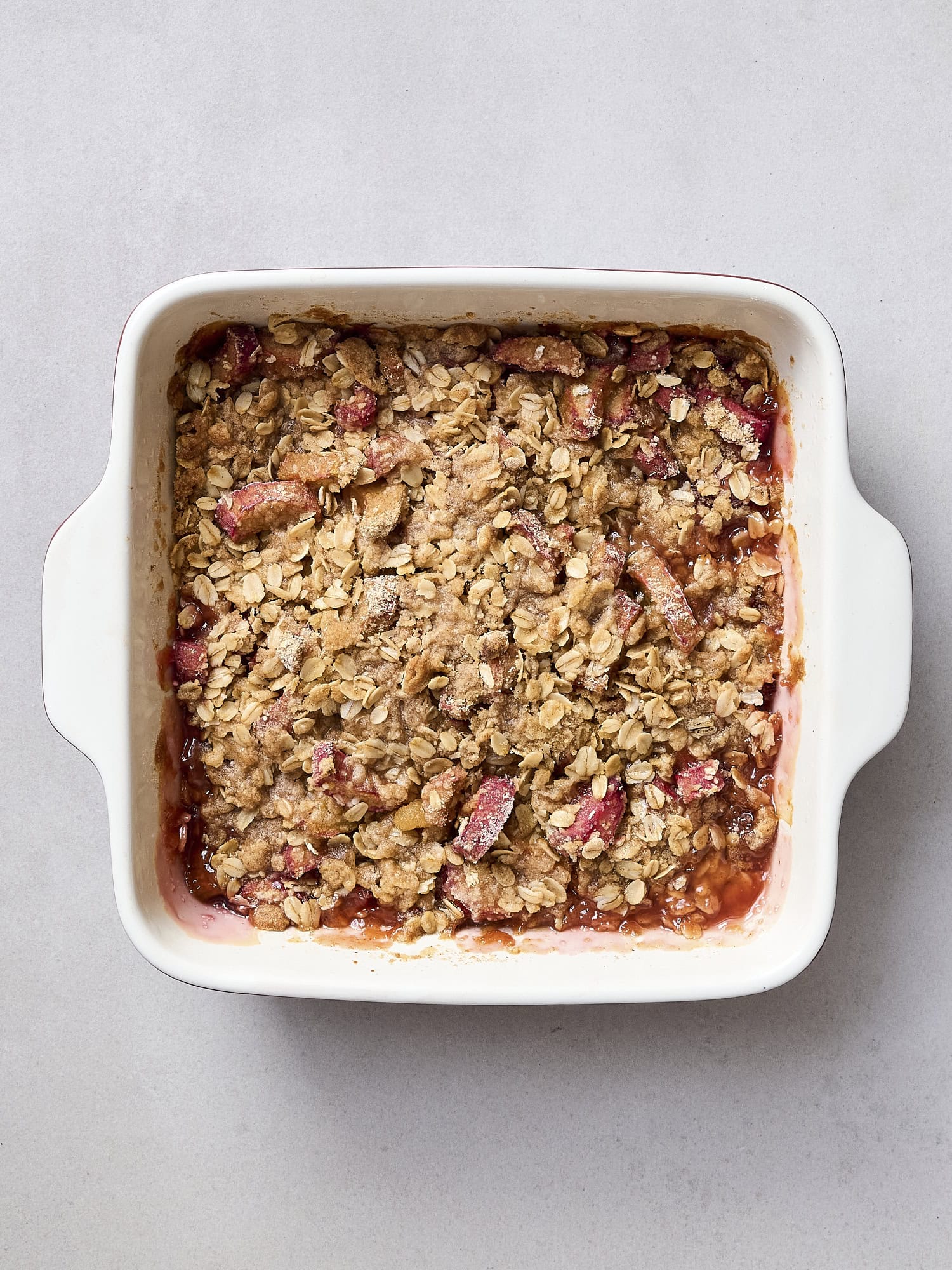 Rhubarb crisp after being baked.
