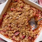 Baked rhubarb crisp recipe with buttery oat topping.