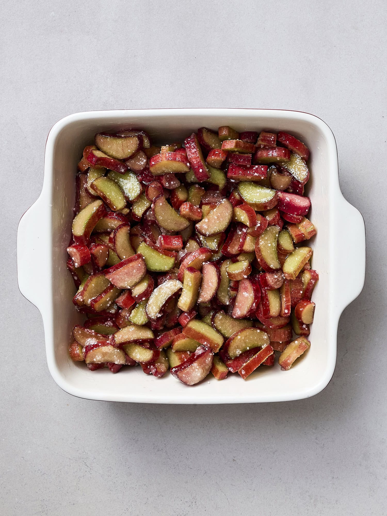 Rhubarb mixture in a baking dish.