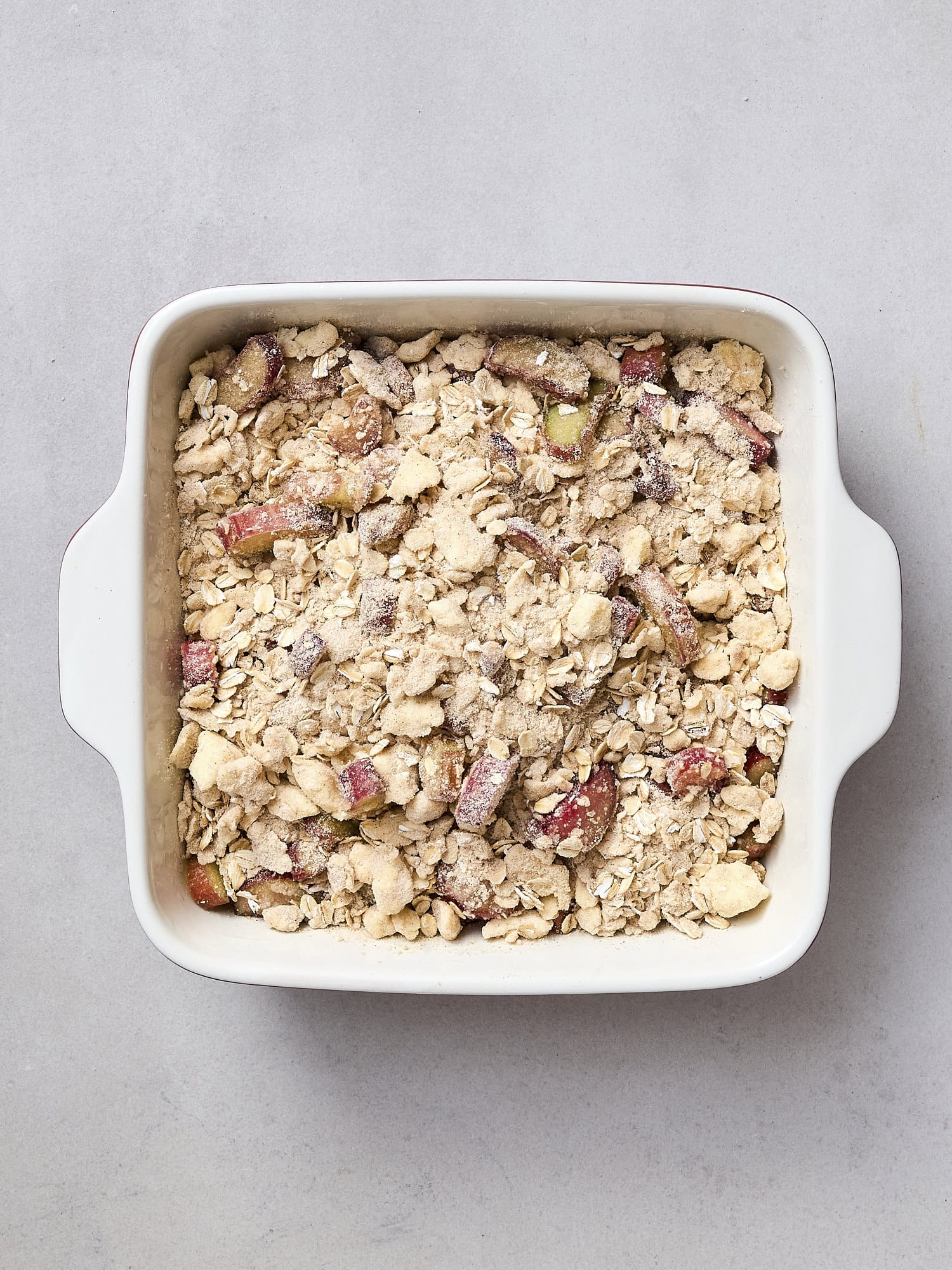Rhubarb crisp before being baked.
